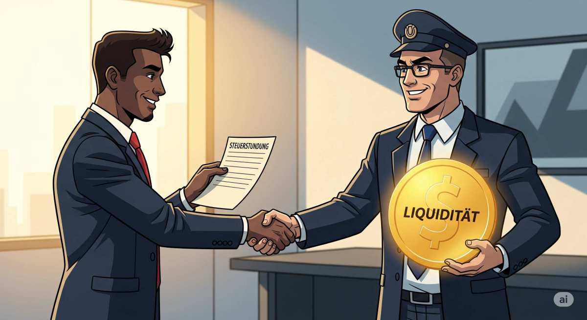 Comic-Darstellung, wie ein Unternehmer durch den Investitionsabzugsbetrag (IAB) Liquidität vom Finanzamt erhält.
