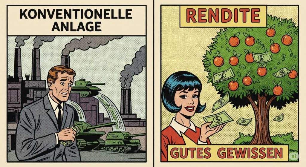 Retro-Comic, der den Unterschied zwischen konventioneller Geldanlage in Industrie und nachhaltiger Altersvorsorge in einem grünen Baum zeigt.