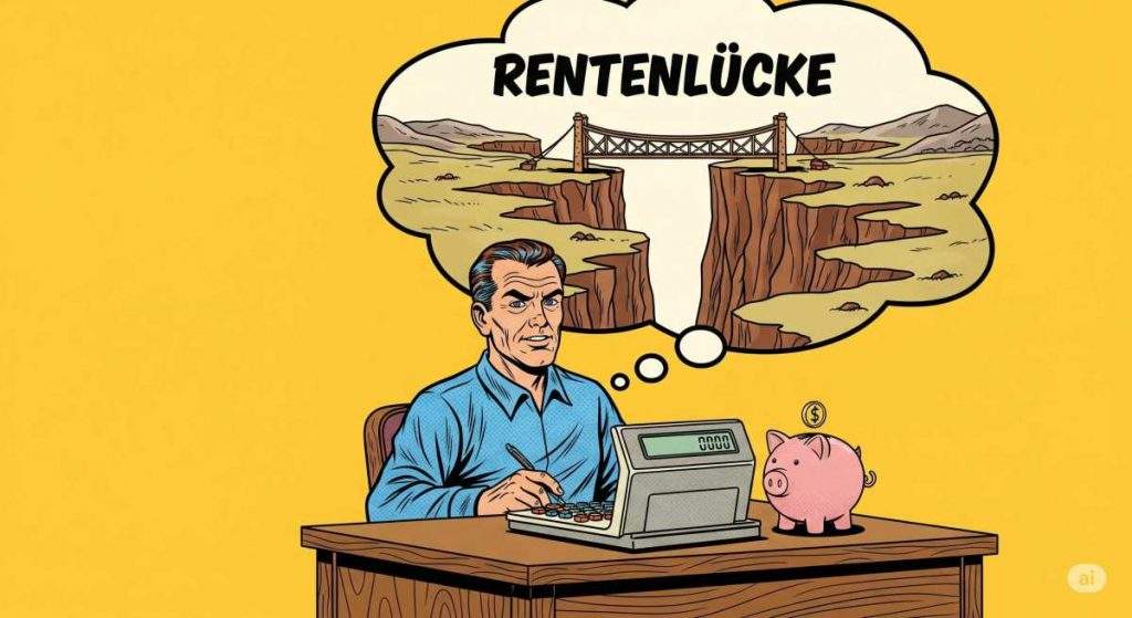 Eine Person im Comic-Stil berechnet ihre Rentenlücke, um die finanzielle Lücke im Alter für die Altersvorsorge zu schließen.