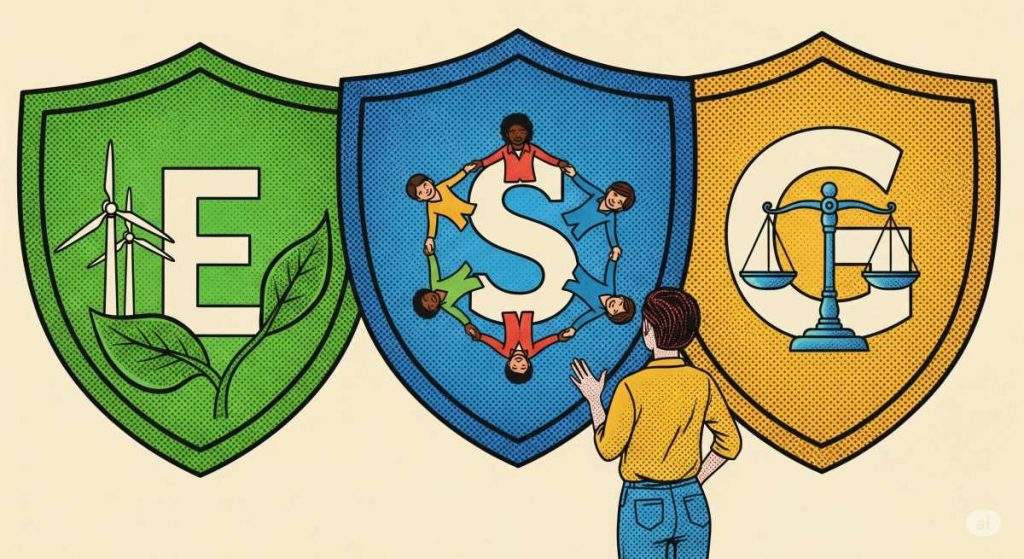 Comic-Darstellung des ESG-Prinzips, bei der eine Person ihre Werte für eine nachhaltige Geldanlage auswählt.