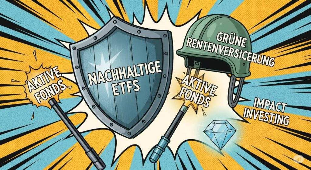 Die Bausteine der grünen Rente im Comic-Stil: Nachhaltige ETFs, Fonds und Versicherungen als Superhelden-Ausrüstung.