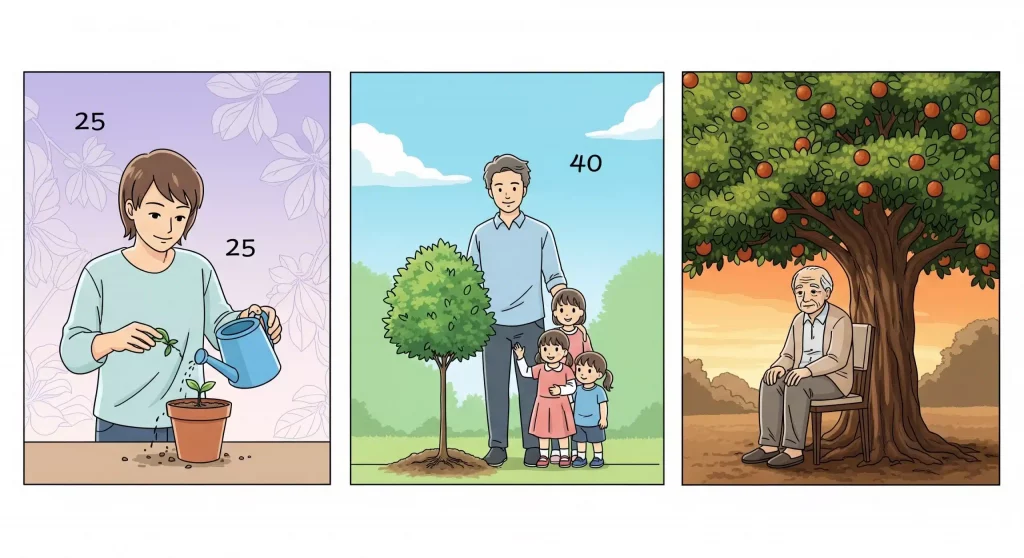 Comic-Illustrationen für private Altersvorsorge, Rentenplanung und Finanzstrategie