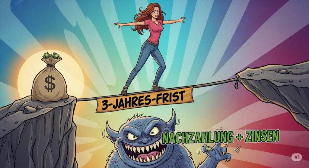 Die Fallstricke des IAB: Eine Person balanciert über der Zinsfalle bei Nichteinhaltung der Investitionsfrist.