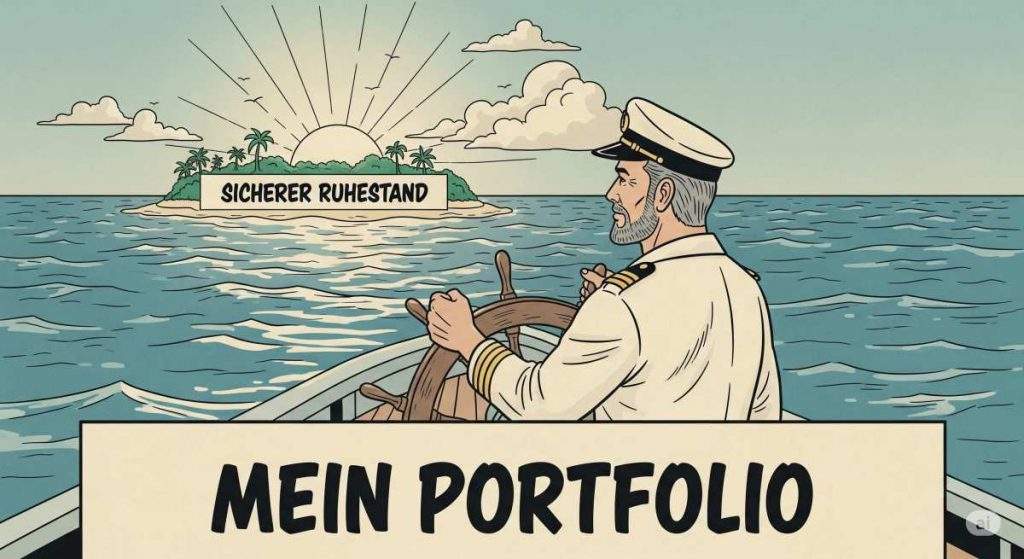Ein Kapitän im Comic-Stil hält sein Portfolio auf Kurs in Richtung Ruhestand – ein Symbol für Disziplin bei der Altersvorsorge.