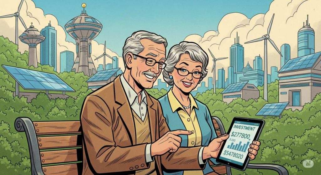 Glückliches Rentnerpaar im Comic-Stil genießt den Ruhestand dank erfolgreicher nachhaltiger Altersvorsorge in einer grünen Zukunft..
