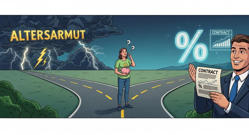 Comic-Illustration zur Altersvorsorge: Eine verwirrte Person mit Sparschwein steht vor der Entscheidung zwischen dem Weg in die Altersarmut und einem Finanzberater, der einen Provisions-Vertrag anbietet.