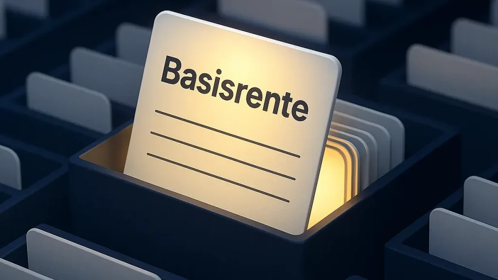 minimalistische 3D-Illustration. Im Vordergrund schwebt eine einzelne, leicht geöffnete, moderne Wissens-Karte. Beispiel Basisrente
