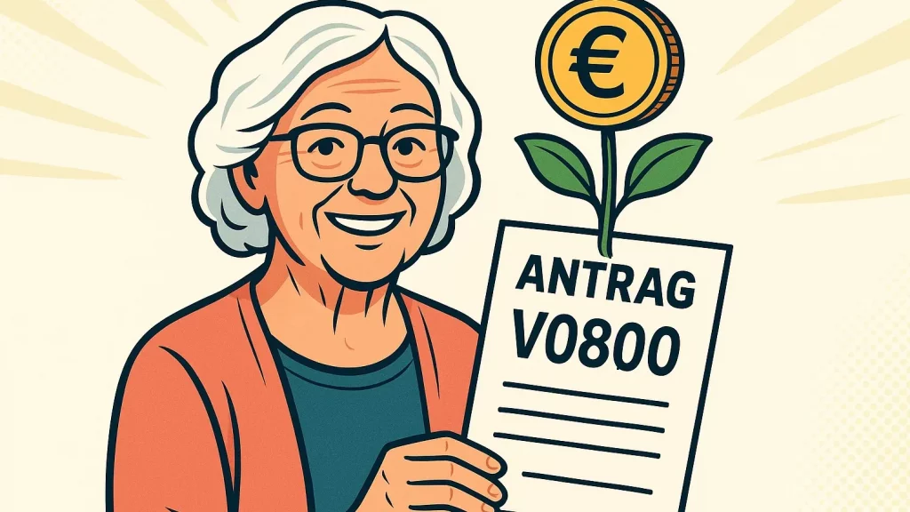 Eine Frau, die das Formular V0800 in der Hand hält, um die Mütterrente 2025 zu beantragen und mehr Rente pro Kind zu erhalten.