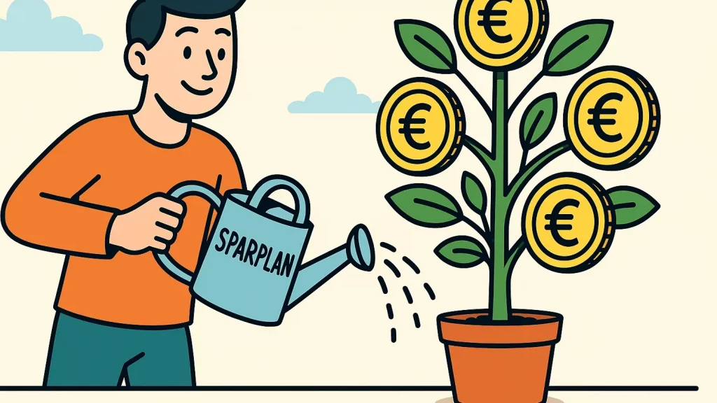 Eine Person gießt mit einer Gießkanne, auf der Sparplan steht, ETF-Sparplan für Anfänger.