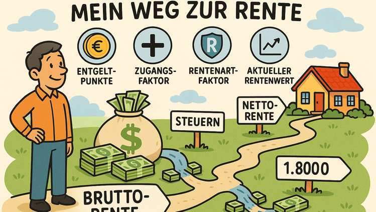 Illustration, die die Frage "Wie viel Rente ?" beantwortet, indem sie den Weg von der hohen Brutto-Rente zur kleineren Netto-Rente nach Abzügen für Steuern und Sozialabgaben darstellt.