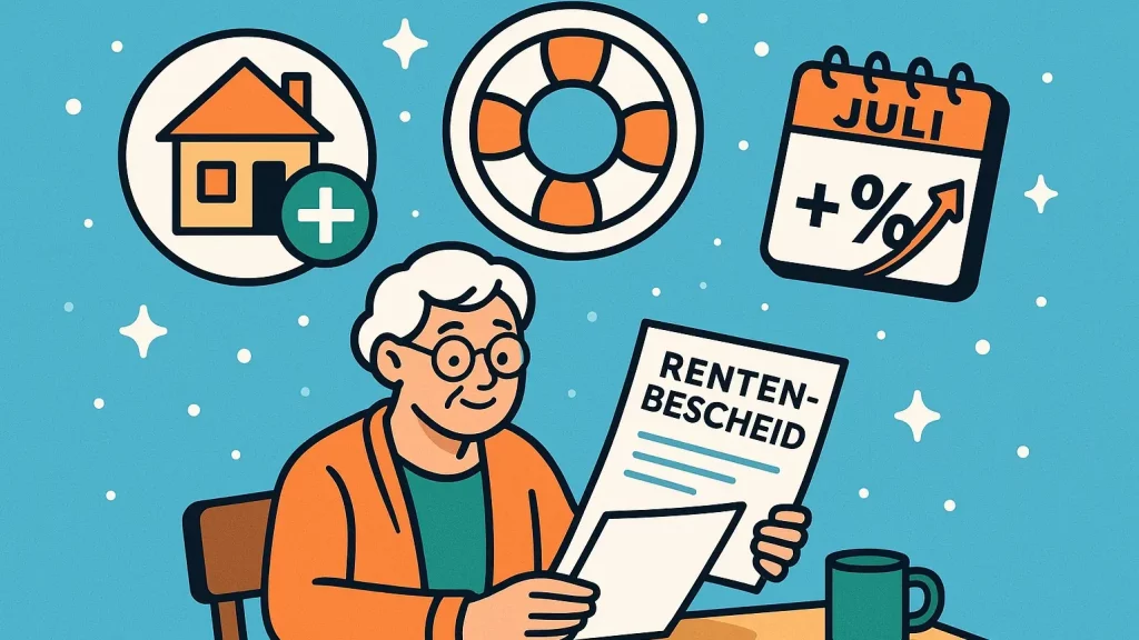 Infografik Zukunft der Rente, die die verschiedenen Renten-Zuschüsse 2025 zusammenfasst, inklusive der Rentenerhöhung, Wohngeld und Grundsicherung.