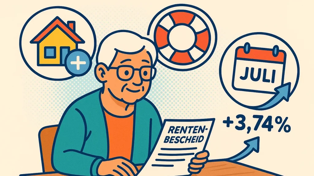 Infografik, die die verschiedenen Renten-Zuschuss 2025 zusammenfasst, inklusive der Rentenerhöhung, Wohngeld und Grundsicherung.