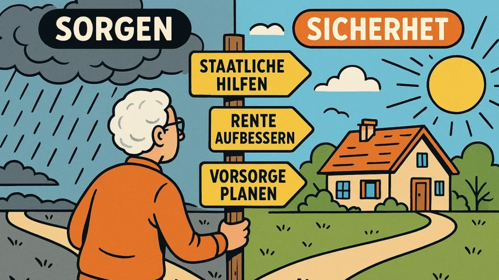 Infografik zum Thema Altersarmut Zeigt eine Person, die sich mithilfe von staatlichen Hilfen und guter Planung für einen finanziell sicheren Ruhestand entscheidet.