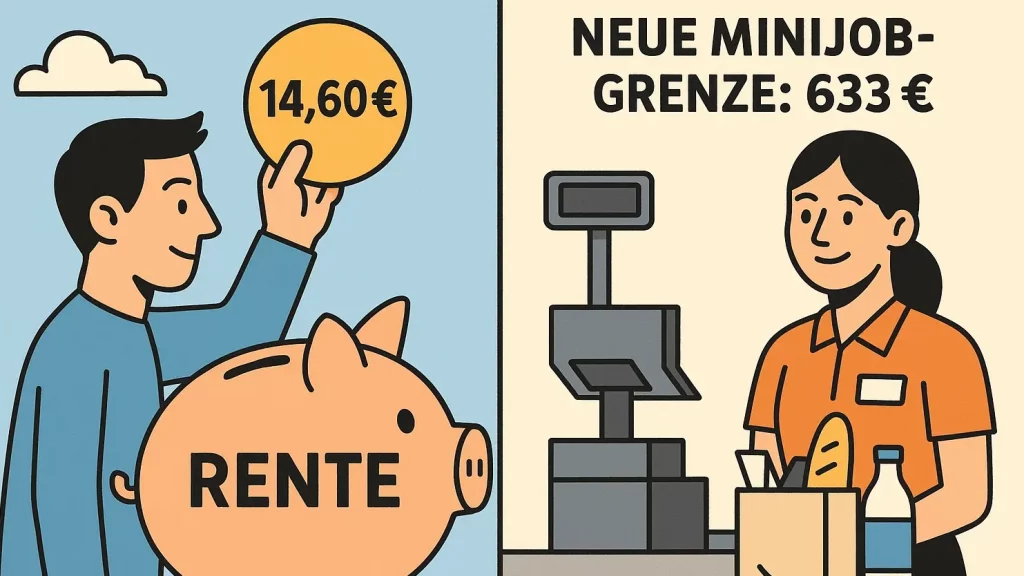 Infografik zur Mindestlohnerhöhung 20262027, die zeigt, wie sich der neue Mindestlohn auf die Rente und die Minijob-Grenze auswirkt.