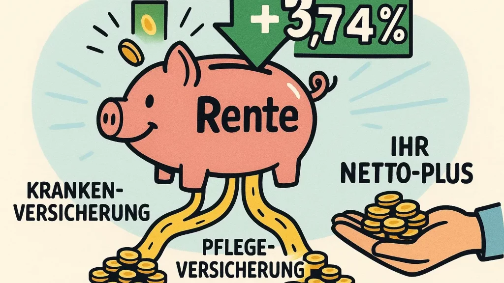 Infografik zur Rentenerhöhung 2025 Zeigt, wie von der Brutto-Erhöhung von 3,74% die Abzüge für Kranken- und Pflegeversicherung abgehen, bis das Netto-Plus übrig bleibt.