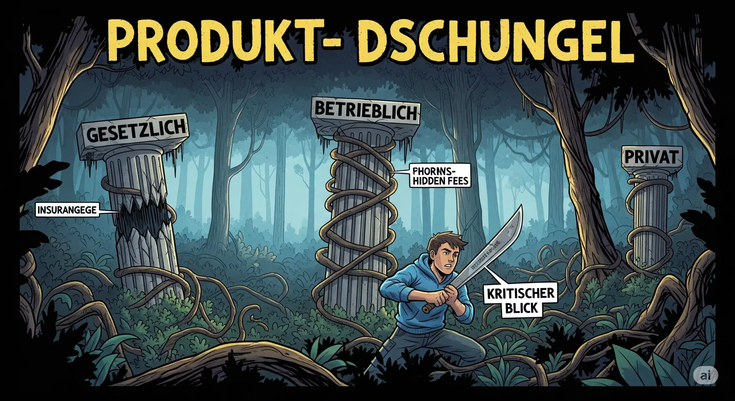 Kritik an Altersvorsorge-Produkten: Ein Abenteurer kämpft sich durch den "Produkt-Dschungel" aus teuren Verträgen. Im Hintergrund bröckeln die Säulen der gesetzlichen und betrieblichen Altersvorsorge.