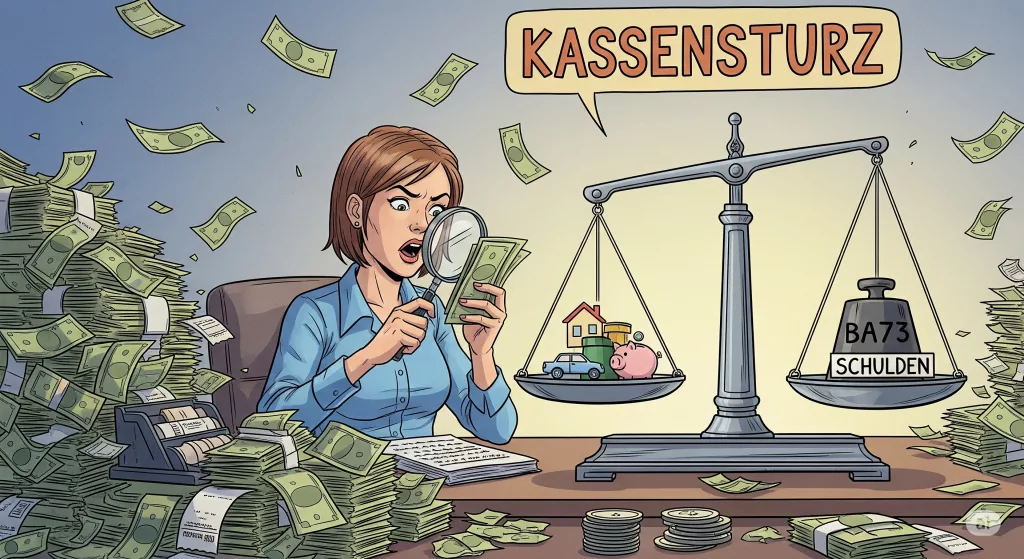 Kassensturz für die Finanzplanung zur Rente: Eine Frau analysiert ihre Finanzen und wiegt auf einer Waage symbolisch Vermögen wie Haus und Auto gegen Schulden für den perfekten Überblick der Altersvorsorge.