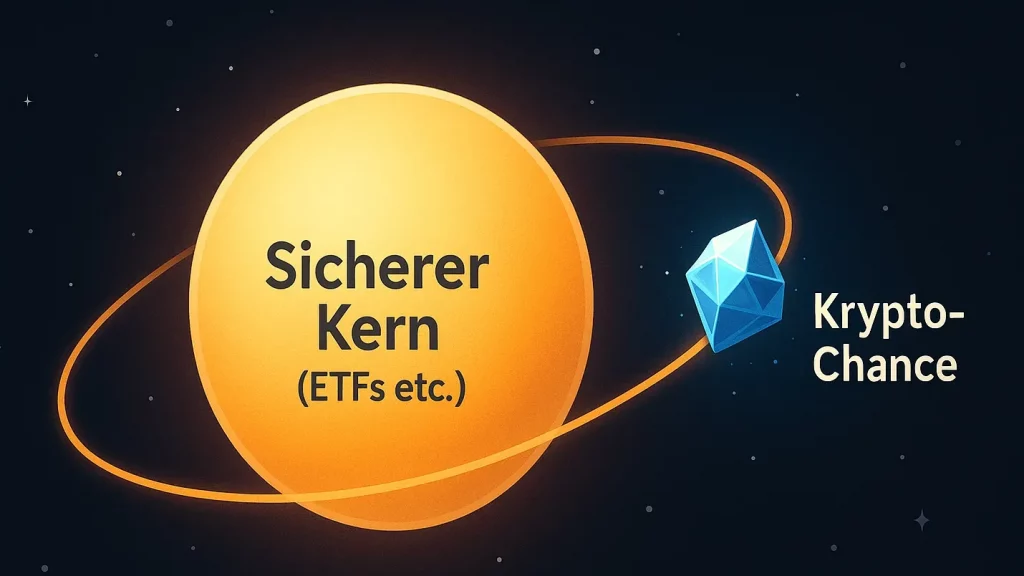 Visualisierung der Core-Satellite-Strategie für Krypto als Altersvorsorge Ein großer, sicherer Kern (ETFs) wird von einem kleinen, spekulativen Krypto-Satelliten umkreist.