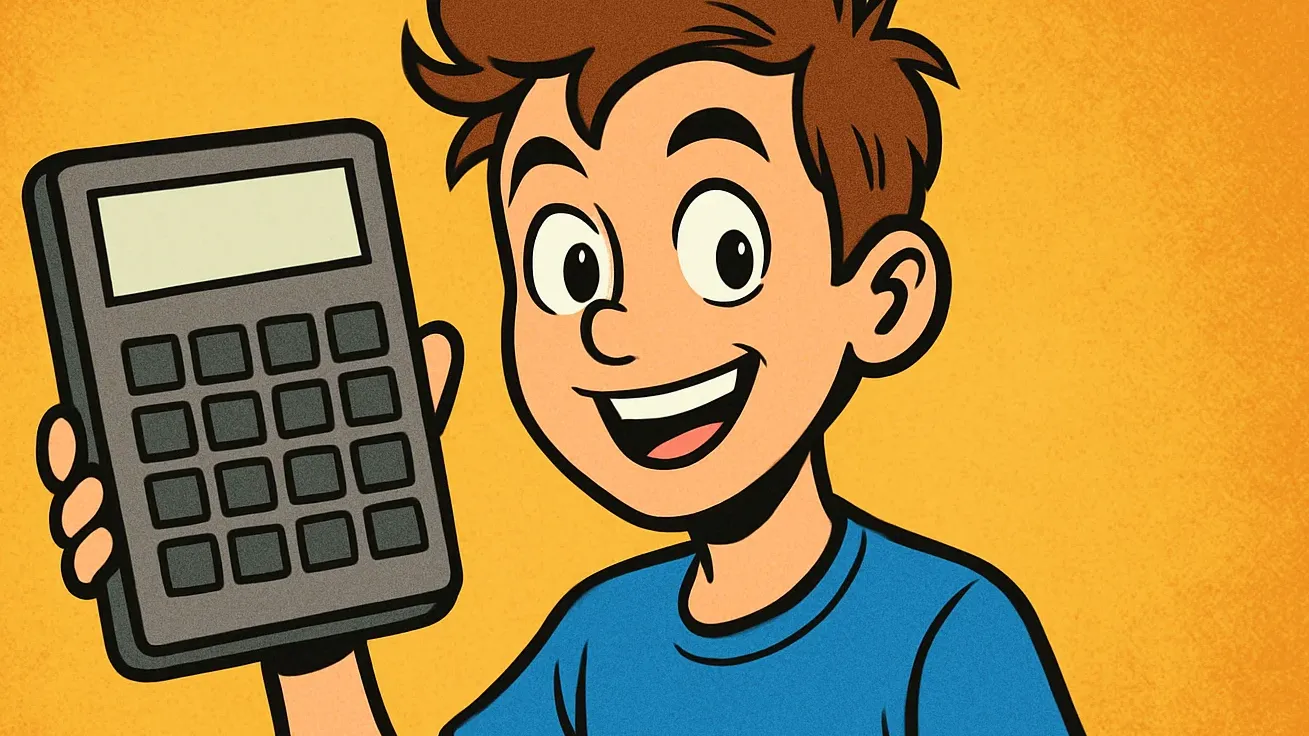 Junge Comic Figur die ein Taschenrechner für die Altersvorsorge zum Rechner in der Hand hält